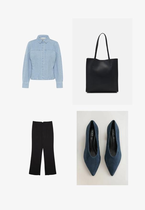 Giacca in denim azzurro chiaro con colletto a punta, chiusura frontale con bottoni, maniche lunghe e dettagli con cuciture verticali. Texture liscia.; Pantaloni neri a gamba dritta, con tasche frontali e spacchi laterali all'orlo. Realizzati in tessuto morbido e liscio. Adatti a diverse occasioni.; Scarpe in camoscio blu navy con punta affusolata e una texture liscia, dotate di aperture laterali, con un interno nero e una soletta con marchio.; Borsa tote in pelle nera con texture liscia, forma rettangolare e due manici lunghi. Nessun hardware o decorazione visibile.