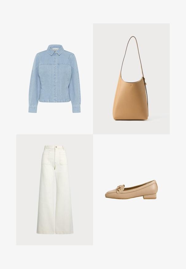 Giacca in denim azzurro chiaro con colletto a punta, chiusura frontale con bottoni, maniche lunghe e dettagli con cuciture verticali. Texture liscia.; Jeans a gamba larga in denim bianco sporco. Design a vita alta con chiusura a bottone, due tasche frontali e dettagli di cucitura a contrasto.; Mocassini in pelle beige con punta quadrata, tacco piatto e una fascia decorativa frontale con un accento in catena dorata. Texture liscia.; Borsa a spalla in pelle di un tan chiaro con una superficie liscia, design minimalista, una singola tracolla curva e dettagli hardware discreti.