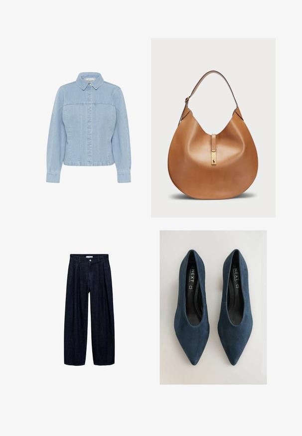 Jachetă din denim bleu deschis cu guler ascuțit, închidere frontală cu nasturi, mâneci lungi și detalii cu cusături verticale. Textură netedă.; Pantaloni largi din denim închis, cu pliseuri la talie, având un button frontal și pasaje pentru curea. Textură netedă și design pe întreaga lungime.; Pantofi din suede albastru închis, cu vârf ascuțit, textură netedă și laterale decupate, având interiorul negru și brantul cu marcaj.; Geantă din piele de culoare tan, cu o formă curbată și o curea lată pentru umăr. Se evidențiază printr-un accent metalic auriu în centru și o textură netedă.