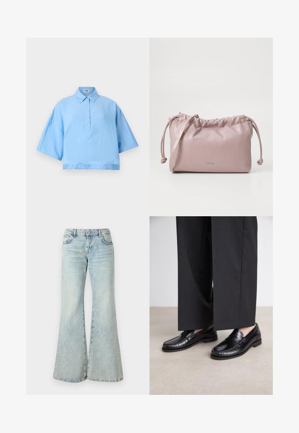 Lyseblå kortærmet polo med krave og tre knapper foran. Glat stof og en afslappet, boxy pasform.; Lyseblå flared jeans lavet af denim, med høj talje, lommer og frynset kant. Stoffet har et slidt look og en subtil struktur.; Sorte læder loafers med en glat finish, syet detaljering omkring tæerne og en lav gummisål. Sammen med brede sorte bukser.; Blush pink, glat læder taske med samlet top, snorelukning og en tynd rem. Har et subtilt Calvin Klein-logo på forsiden.