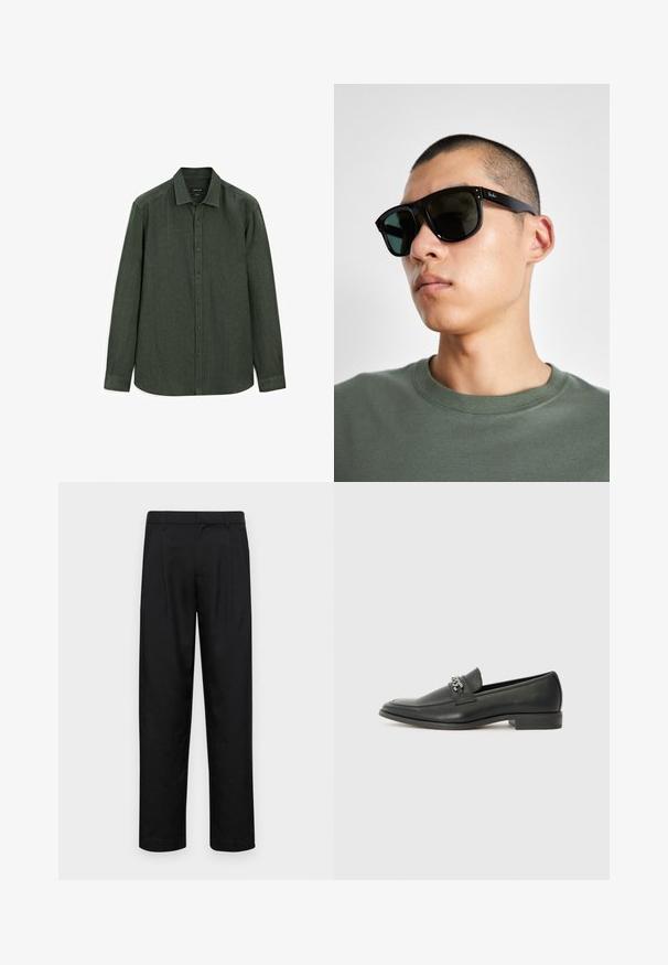 Dunkelgrünes Hemd mit Knopfleiste aus strukturiertem Stoff; verfügt über einen Kentkragen, lange Ärmel und einen abgerundeten Saum mit verdeckten Knöpfen.; Schwarze Hose aus glattem Stoff, mit geradem Bein Design, zwei vorderen Falten und einem Standardbund mit Gürtelschlaufen.; Schwarzer Lederloafer mit glatter Oberfläche, ausgestattet mit einer gesteppten Gestaltung und einem dekorativen Metallkettendetail über dem Vorderblatt. Flacher Absatz.; Schwarze rechteckige Sonnenbrille mit dunklen Gläsern, die eine markante Form und eine Markierung am Bügel aufweist. Getragen von einer Person in einem grünen Hemd.