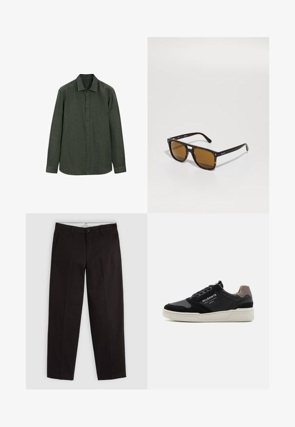 Ciemnozielona koszula zapinana na guziki, wykonana z teksturowanej tkaniny; posiada kołnierz szeroki, długie rękawy oraz okrągły dół z ukrytymi guzikami.; Czarne chinosy o prostych nogawkach z pętlami na pasek, z zapięciem na guzik i bocznymi kieszeniami, wyeksponowane na jasnoszarym tle.; Czarno-szare niskie trampki łączące skórę i zamsz, z fakturowaną podeszwą, okrągłym czubkiem i akcentami logo.; Okulary przeciwsłoneczne w kolorze tortoiseshell z kwadratowymi oprawkami, brązowymi soczewkami i subtelnym logo na zausznikach. Gładkie wykończenie i szkło hartowane dla trwałości.