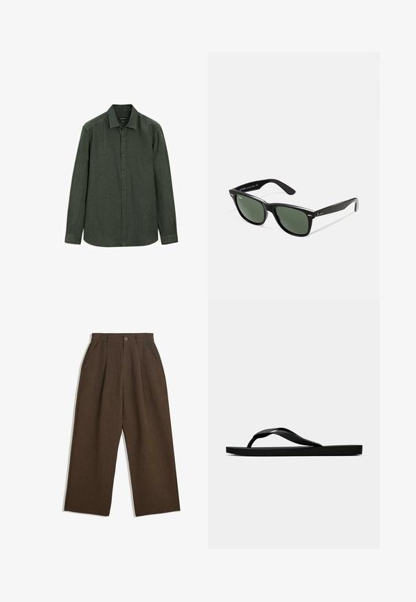 Tmavě zelená košile na knoflíky vyrobená z texturované tkaniny; má rozšířený límec, dlouhé rukávy a zaoblený lem s skrytými knoflíky.; Hnědé skládací kalhoty s širokým střihem, vybavené zapínáním na knoflík a bočními kapsami, vyrobené z texturované tkaniny vhodné pro volnočasové nošení.; Černé gumové žabky s texturovaným páskem a jednoduchou plochou podrážkou, zobrazené z boku na světlém pozadí.; Černé plastové sluneční brýle se zelenými skly, čtvercové obroučky, stříbrný detail na obočí a texturované stranice. Značka uvedená na vnitřní straně stranic.