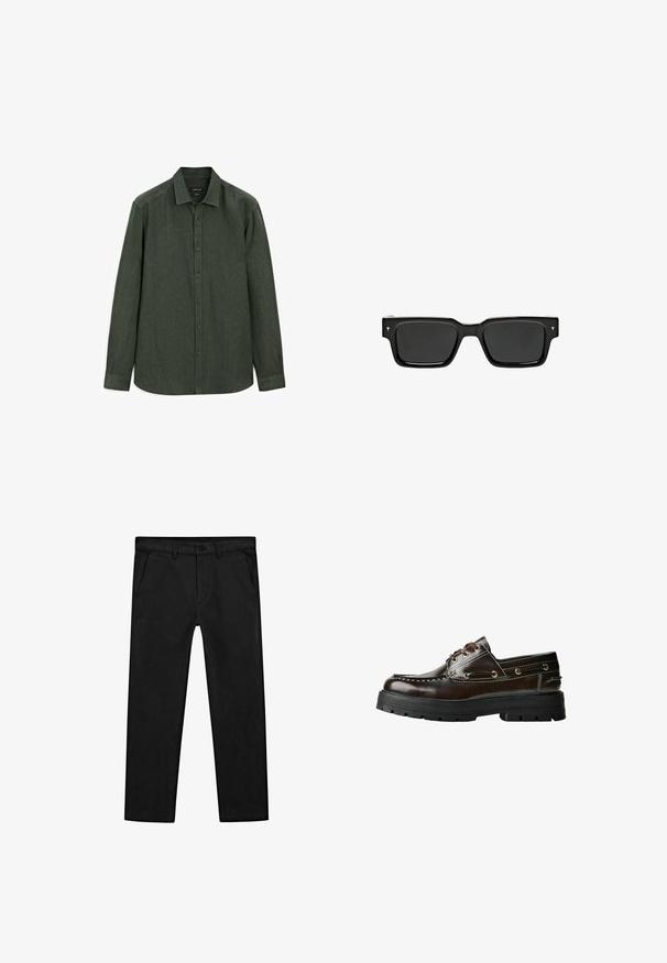 Dunkelgrünes Hemd mit Knopfleiste aus strukturiertem Stoff; verfügt über einen Kentkragen, lange Ärmel und einen abgerundeten Saum mit verdeckten Knöpfen.; Schwarze Baumwollhose mit geradem Bein, Vorderentaschen sowie klassischem Knopfverschluss und Reißverschluss. Glatte Textur, maßgeschneiderte Passform.; Braune Lederbootsschuhe mit Gummisohle, die mit Nahtdetails, Metallösen und einer Schnürung ausgestattet sind. Robuste, leichtgewichtige Konstruktion.; Schwarze rechteckige Sonnenbrille mit dunklen Gläsern, glänzendem Kunststoffrahmen und kleinen Signaturakzenten an den Bügeln. Flaches Profil und scharfe Ecken.