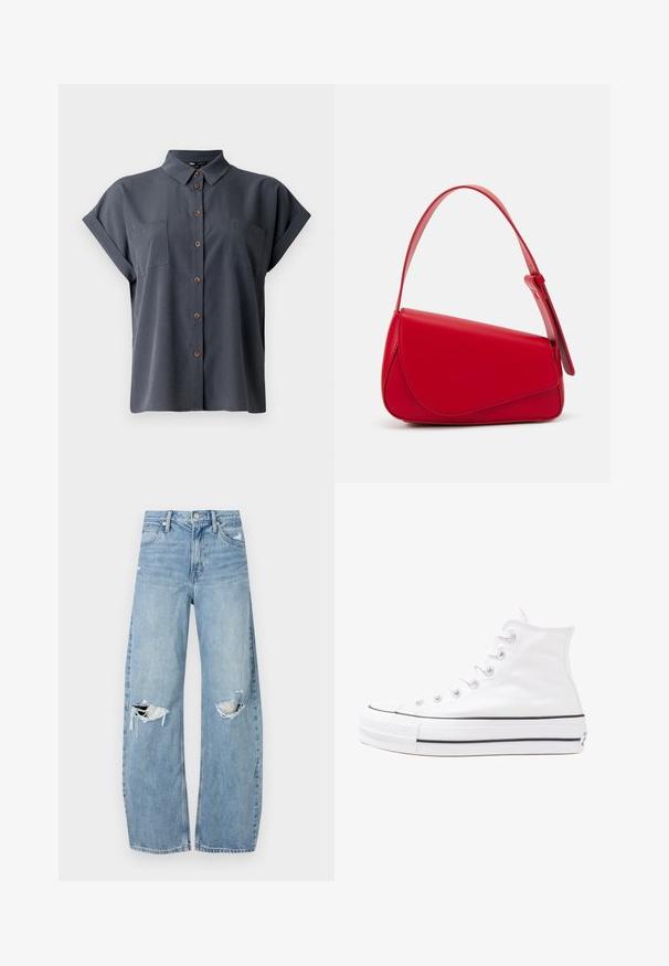 Dark gray short-sleeve shirt with a collared neck, two chest pockets, and wooden buttons down the front. Smooth fabric texture.; Light blue, high-waisted jeans made of denim. Feature wide legs, two torn knee areas, and classic five-pocket styling.; White high-top canvas sneaker with black rubber sole, front rubber toe cap, and six eyelets for laces, featuring a clean, minimalist design.; Red leather handbag with an angular, geometric design. Features a single adjustable strap and a flap closure with stitched detailing.