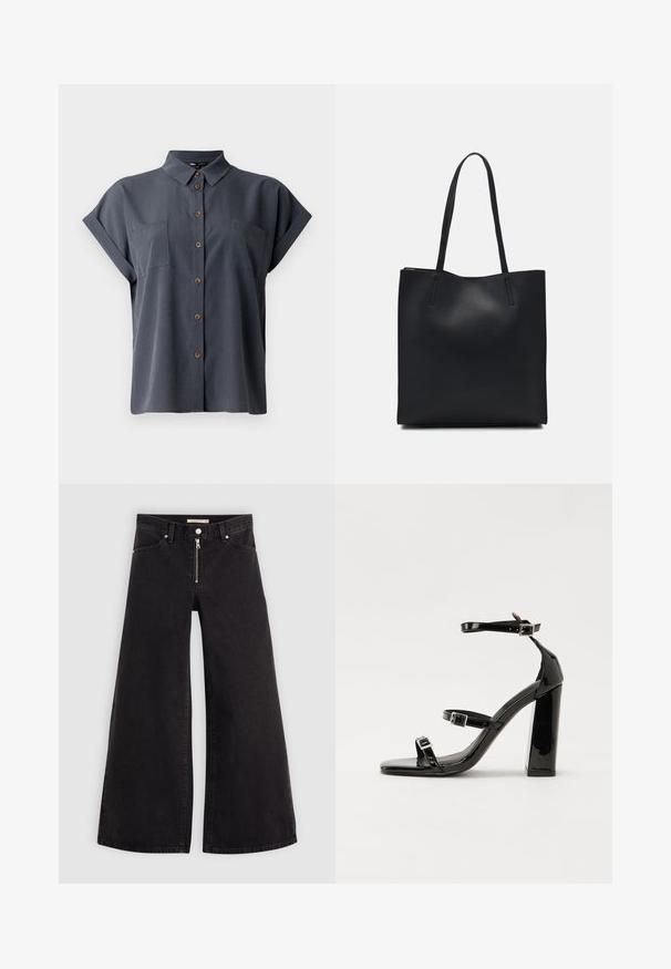 Camisa de mangas curtas cinza escura com gola, dois bolsos no peito e botões de madeira na frente. Textura de tecido suave.; Calças de ganga de perna larga em denim preto com fecho éclair à frente, design de cinco bolsos e detalhes de costura subtil. Textura suave e estilo casual.; Sandálias de tacão preto laqueadas com bico quadrado, tiras para o tornozelo e fivelas prateadas. Apresentam um salto bloco chunky para estabilidade.; Bolsa tote preta em couro com textura lisa, forma retangular e duas alças longas. Sem hardware ou enfeites visíveis.