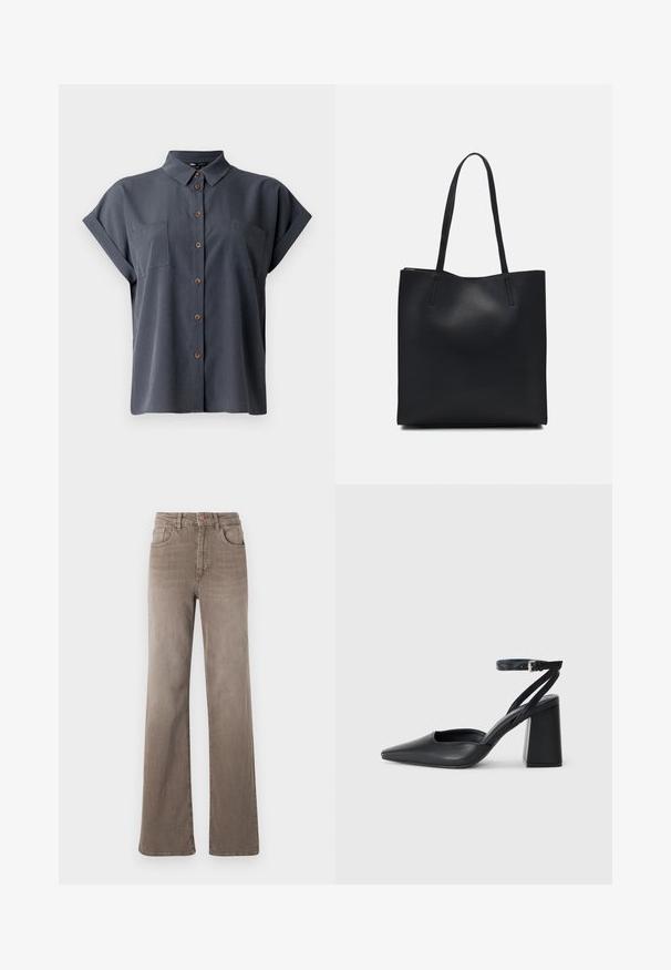 Camisa de mangas curtas cinza escura com gola, dois bolsos no peito e botões de madeira na frente. Textura de tecido suave.; Jeans castanhos de cintura alta, de perna reta, com botão frontal, passantes para cinto e design clássico de cinco bolsos em fundo branco.; Sandal com biqueira afilada em couro preto, com cinta no tornozelo e salto grosso. Textura lisa, design elegante e estética minimalista.; Bolsa tote preta em couro com textura lisa, forma retangular e duas alças longas. Sem hardware ou enfeites visíveis.