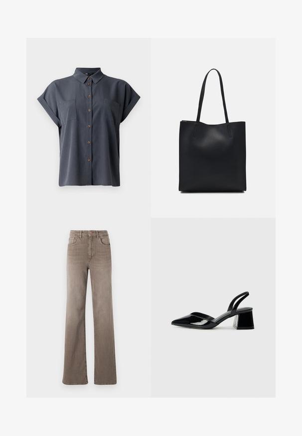 Dark gray short-sleeve shirt with a collared neck, two chest pockets, and wooden buttons down the front. Smooth fabric texture.; Brown high-waist straight-leg jeans with front button, belt loops, and classic five-pocket design on a white background.; Black patent leather slingback heels with a pointed toe and a geometric block heel. Features a sleek, minimal design and smooth texture.; Black leather tote bag with smooth texture, rectangular shape, and two long handles. No visible hardware or embellishments.
