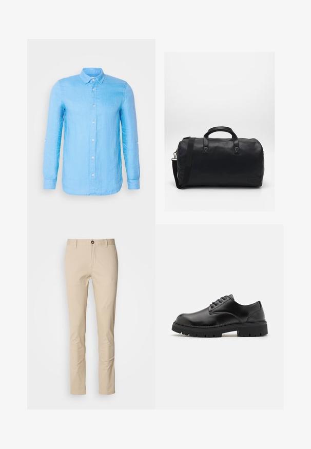 Világoskék, hosszú ujjú, gombos ing texturált anyagból. Klasszikus gallérral és fehér gombokkal a frontrészen és a mandzsettákon.; Három kereknyakú póló fehér, világosszürke és fekete színben. Puha pamutból készült, rövid ujjú és laza szabású.; Beige vászon nadrág slim fit szabással, gombos záródással, finom textúrával és standard zsebekkel. Egyszerű dizájn, nélküli minták vagy díszítések.; Fekete bőrcipő, lekerekített orral, fűzős kialakítással és vastag, texturált gumitalppal. Az élek mentén varrás található, és sima felülete van.; Fekete sporttáska textúrált szintetikus anyagból. Két fogantyúval és állítható vállpánttal rendelkezik. Egyszerű kialakítás, látható minták nélkül.