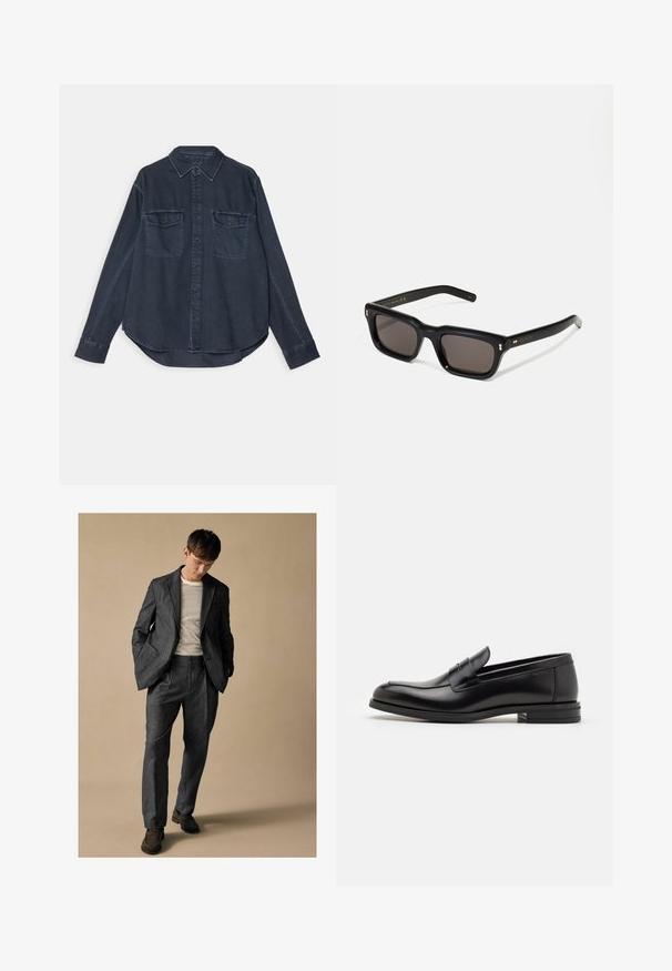 Ciemnoniebieska koszula denimowa z zapinaniem na guziki z przodu, spiczastym kołnierzykiem, dwoma kieszeniami na piersi oraz długimi rękawami z zapinanymi mankietami.; Szary dobrze dopasowany garnitur z klapami w kształcie notcha i przednimi kieszeniami, zestawiony z koszulą w paski. Spodnie mają luźny krój i detal w postaci zakładki. Brązowe buty.; Czarne skórzane mokasyny o gładkiej fakturze, zaokrąglonym nosku i dekoracyjnym pasku na przodzie. Niski, warstwowy obcas, minimalistyczny design.; Czarne prostokątne okulary przeciwsłoneczne z ciemnymi soczewkami, grubą plastikową oprawą, złotymi akcentami na zausznikach oraz wygrawerowanym logo marki na ramieniu.