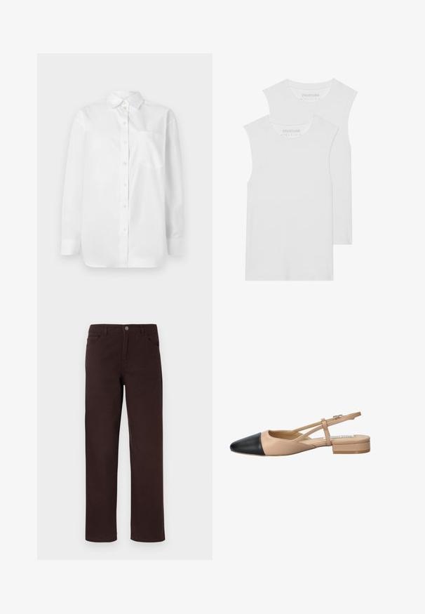Long-sleeve white shirt with a button-up front and a single chest pocket against a plain white background.; Two white sleeveless T-shirts made of soft cotton fabric, featuring a rounded neckline and no visible patterns or hardware.; Brown cotton pants with a straight-leg design, two front pockets, and a button closure at the waistband. Smooth texture with no visible patterns.; Beige and black two-tone slingback shoe with a pointed toe, flat heel, and crisscross strap detail. Smooth leather texture.