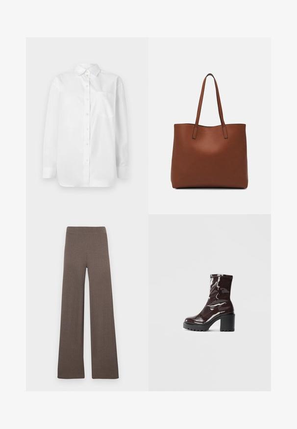 Witte blouse met lange mouwen, een knoopdoorlaat aan de voorkant en een enkele borstzak, tegen een effen witte achtergrond.; Geribbelde wijde broek in een donkerbruine kleur, met een rekbare tailleband en een zachte, gestructureerde stof.; Glanzende bordeauxrode enkelboot met een chunky zwarte hak, met een gladde textuur en een eenvoudig ontwerp. Geen zichtbare sluitingen of patronen.; Bruine leren tote bag met een gladde textuur, een ontwerp met een open bovenkant en twee schouderbanden. Kenmerkt zich door minimale stiksels en geen zichtbare hardware.