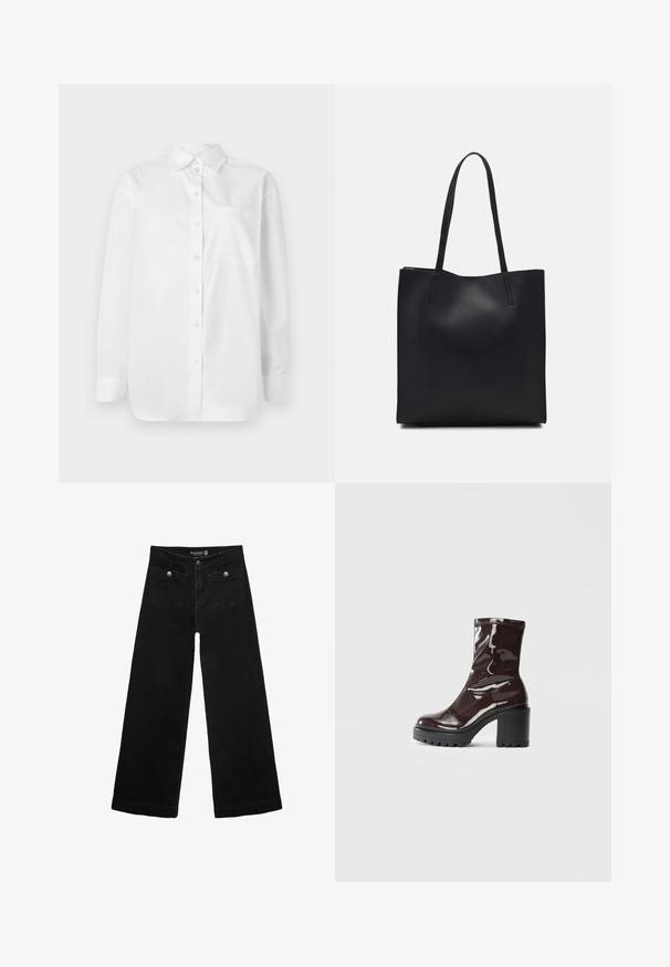 Biela košeľa s dlhým rukávom, s gombíkovým zapínaním vpredu a jednou náprsné kapsou, na jednoliatom bielom pozadí.; Čierne široké nohavice s vysokým pásom, s dvoma prednými vreckami a kovovými detailmi na gombíku. Tkanina má hladkú textúru.; Lesklé burgundské kotníkové boty s robustním černým podpatkem, s hladkou strukturou a jednoduchým designem. Bez viditelných zapínání nebo vzorů.; Čierna kožená taška na rameno s hladkým povrchom, obdĺžnikovým tvarom a dvoma dlhými uchami. Bez viditeľného kovania alebo ozdôb.
