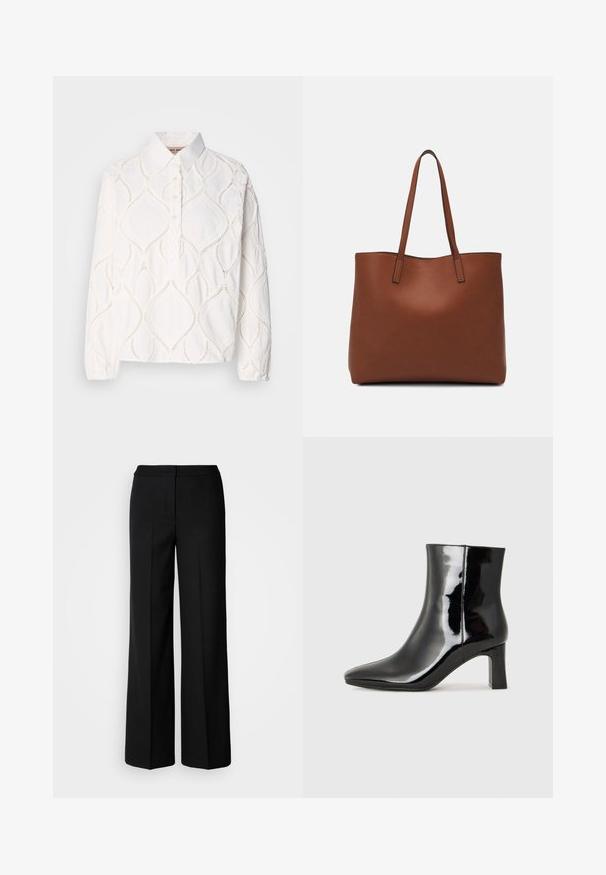 Hvid langærmet bluse med krave, der har tekstureret broderi i diamantmønster og en knaplukning. Blødt, letvægtsstof.; Sorte brede bukser i glat stof, med høj talje, skræddersyede sømme og et minimalistisk design. Ingen synlig hardware eller lommer.; Sort lakeret ankelstøvle med spids tå og en midt-højde blokhæl. Glat tekstur og minimalistisk design.; Brun læder tote taske med en glat overflade, åben topdesign og to skulderremme. Har minimal syning og ingen synlig hardware.