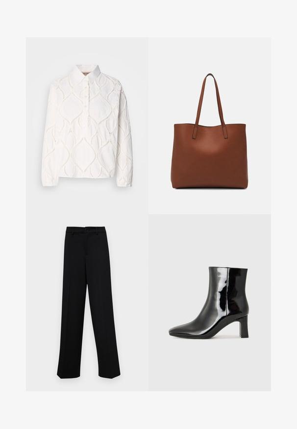 Cămașă albă cu mâneci lungi, cu guler, având broderie texturată în model de diamant și placket cu nasturi. Material moale, ușor.; Pantaloni negri cu croi larg, dintr-un material neted, având un talie clasică cu închidere prin buton și plisuri frontale.; Botine negre din piele lacuită, cu vârful ascuțit și toc bloc de înălțime medie. Textură netedă și design minimalist.; Geantă de umăr din piele maro cu o textură netedă, design cu vârf deschis și două curele pentru umăr. Prezintă cusături minime și fără componente metalice vizibile.