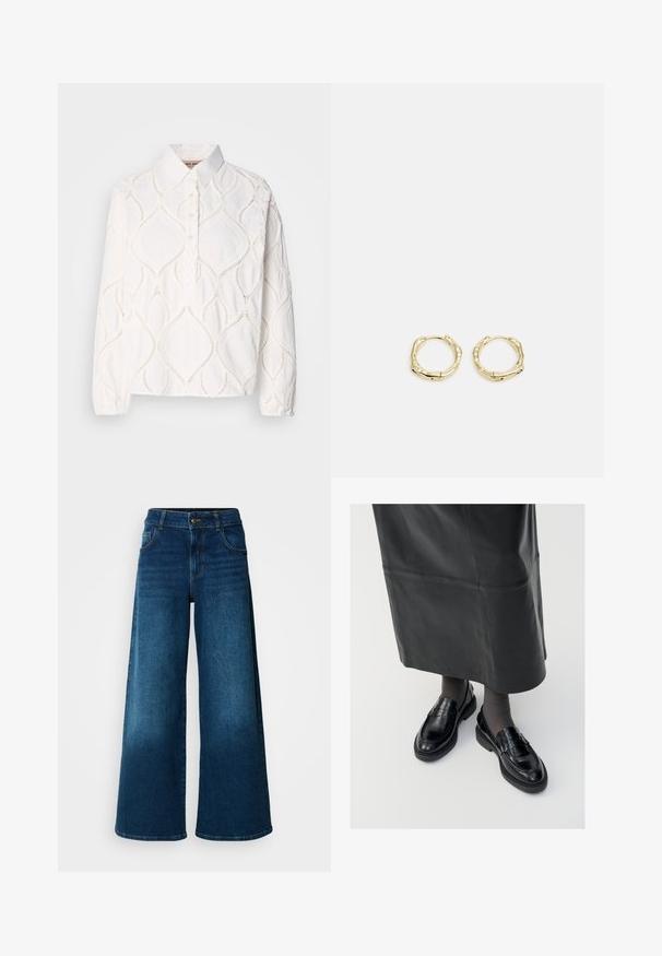 Witte lange mouwen blouse met een kraag, voorzien van textuuroverbelasting in een ruitpatroon en een knoopsluiting. Zacht, lichtgewicht stof.; Wijde jeans van donkerblauwe denim. Heeft een hoge taille, knoopsluiting en klassiek vijf-vakken ontwerp met subtiele vervaging.; Zwarte leren loafers met een gladde afwerking, voorzien van een decoratieve band, ronde neus en gestructureerde zool. Draagt met een lange zwarte leren rok.; Gouden creolen met een textuur en onregelmatige vorm. Voorzien van een naadloze sluiting en een gepolijste afwerking, wat het moderne ontwerp benadrukt.