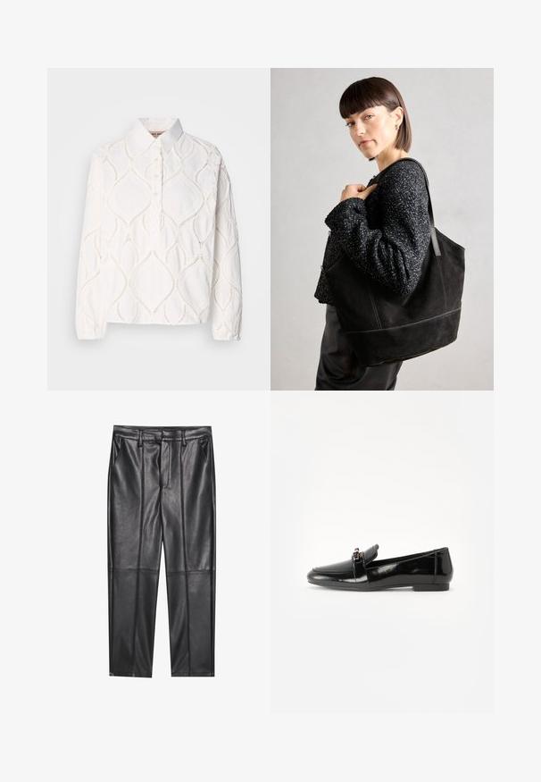 Blouse blanche à manches longues avec col, ornée de broderies texturées en motif losange et dotée d'une patte de boutonnage. Tissu doux et léger.; Pantalons en cuir noir avec une texture lisse, présentant une coupe droite, deux poches avant et des coutures visibles.; Loafer en cuir verni noir avec une semelle plate, un bout arrondi et une sangle décorative agrémentée d'un accent doré. Fini lisse et brillant.; Sac fourre-tout en daim noir avec une texture lisse, une forme structurée et des coutures contrastantes. Il dispose de longues poignées pour le port à l'épaule.
