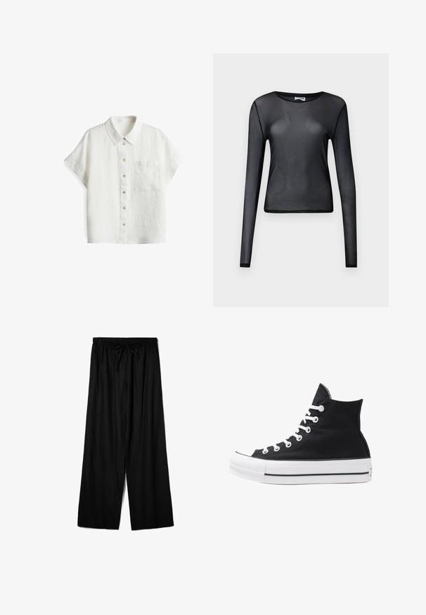 Weißes Leinenhemd mit kurzen Ärmeln, klassischem Kragen, einer Brusttasche und knopfvariablen Verschlüssen an der Blende in verschiedenen Farben. Strukturierter Stoff.; Schwarzes Langarm-Oberteil aus transparentem Material, mit Rundhalsausschnitt und schmaler Passform, versehen mit feinen Säumen.; Schwarze weite Hose aus leichtem Material mit einem elastischen Bund und einem Kordelzug für eine verstellbare Passform. Glatte Textur.; Schwarze High-Top-Canvas-Sneaker mit weißen Ösen, Schnürsenkeln und Gummisohle. Verfügt über eine strukturierte Zehenkappe und schwarz-weiße Streifenakzente.