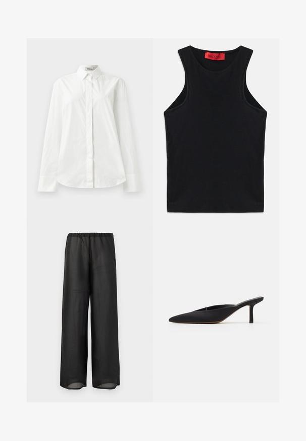 Witte katoenen blouse met lange mouwen, een puntkraag, knoopsluiting aan de voorkant en een afgeronde zoom. Gladde textuur, normale pasvorm en geen patronen.; Zwarte mouwloze top van zachte katoen. Heeft een ronde halslijn en een standaard zoom. Eenvoudig ontwerp, geen zichtbare patronen of accenten.; Zwarte wijde broek gemaakt van lichtgewicht, semi-doorzichtig materiaal met een elastische tailleband. Het ontwerp heeft een vloeiende en ontspannen silhouet.; Zwarte muiltje met spitse neus en een strak ontwerp, gemaakt van gladde stof, met een slanke hak en open achterkant voor gemakkelijk aan- en uittrekken.