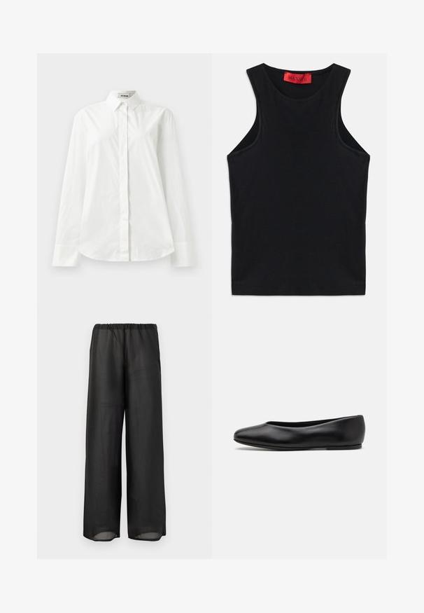 White cotton long-sleeve shirt with a pointed collar, button-front closure, and rounded hem. Smooth texture, regular fit, and no patterns.; Black sleeveless top made from soft cotton. Features a round neckline and standard hem. Simple design, no visible patterns or accents.; Black wide-leg pants made of lightweight, semi-sheer fabric with an elastic waistband. The design features a flowing and relaxed silhouette.; Paul Smith TOPANGA - Ballet pumps - black