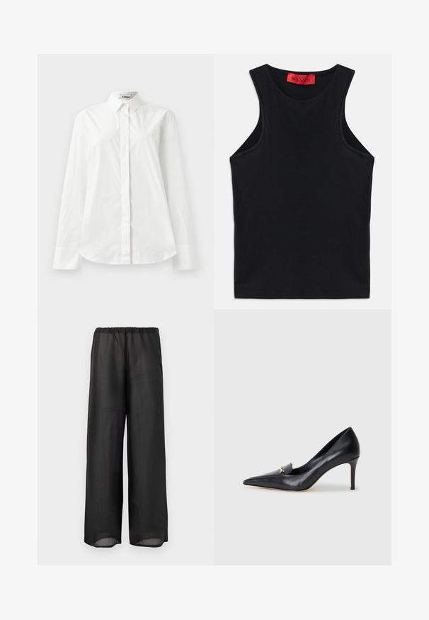 Fehér pamut hosszú ujjú ing, hegyes gallérral, gombos elülső záródással és lekerekített szegéllyel. Sima textúra, normál szabás és minták nélkül.; Fekete ujjatlan felső, puha pamutból készült. Kerek nyakkivágással és normál aljjal rendelkezik. Egyszerű dizájn, nincs látható minta vagy díszítés.; Fekete, bő szárú nadrág könnyű, félig átlátszó anyagból, rugalmas derékrésszel. A dizájn laza és elegáns sziluettet kínál.; Fekete bőr magassarkú cipő hegyes orral, alacsony dekoltázzsal és díszes arany részlettel. Stiletto sarokkal és sima felülettel rendelkezik.