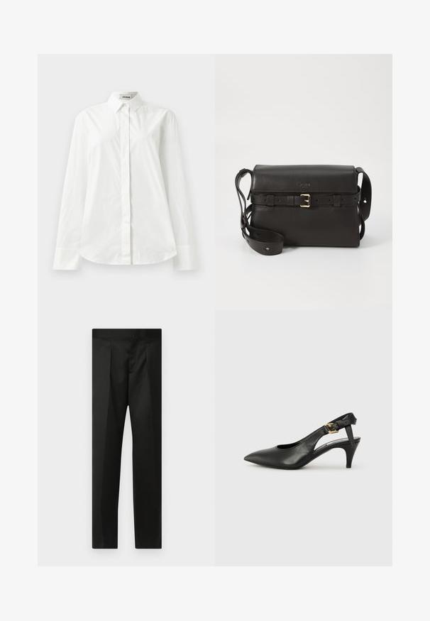 White cotton long-sleeve shirt with a pointed collar, button-front closure, and rounded hem. Smooth texture, regular fit, and no patterns.; Black trousers featuring a smooth fabric, tailored design, straight legs, and a flat waistband with no visible closures or pockets.; Black leather slingback pump with a pointed toe, small heel, and a buckle detail on the ankle strap. Smooth texture, minimalist design.; Black leather handbag with a structured shape. Features a gold buckle accent, adjustable strap, and smooth texture. Minimalist design.