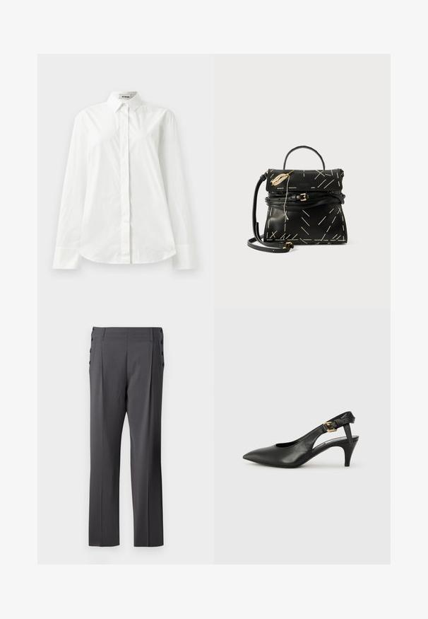 Biała bawełniana koszula z długim rękawem, z wyostrzonym kołnierzykiem, zapinana na guziki z przodu i zaokrąglonym dołem. Gładka faktura, regularny krój i brak wzorów.; Szare eleganckie spodnie o prostym kroju, z fałdami z przodu i dekoracyjnymi guzikami po bokach dla dodatkowego efektu. Gładka faktura materiału.; Czarne skórzane szpilki slingback z ostrym noskiem, małym obcasem i zapięciem na klamrę przy pasku kostki. Gładka tekstura, minimalistyczny design.; Czarna skórzana torebka z geometrycznym białym przeszyciem, z górnym uchwytem i odczepianym paskiem na ramię. Posiada złote akcenty i zamek błyskawiczny.
