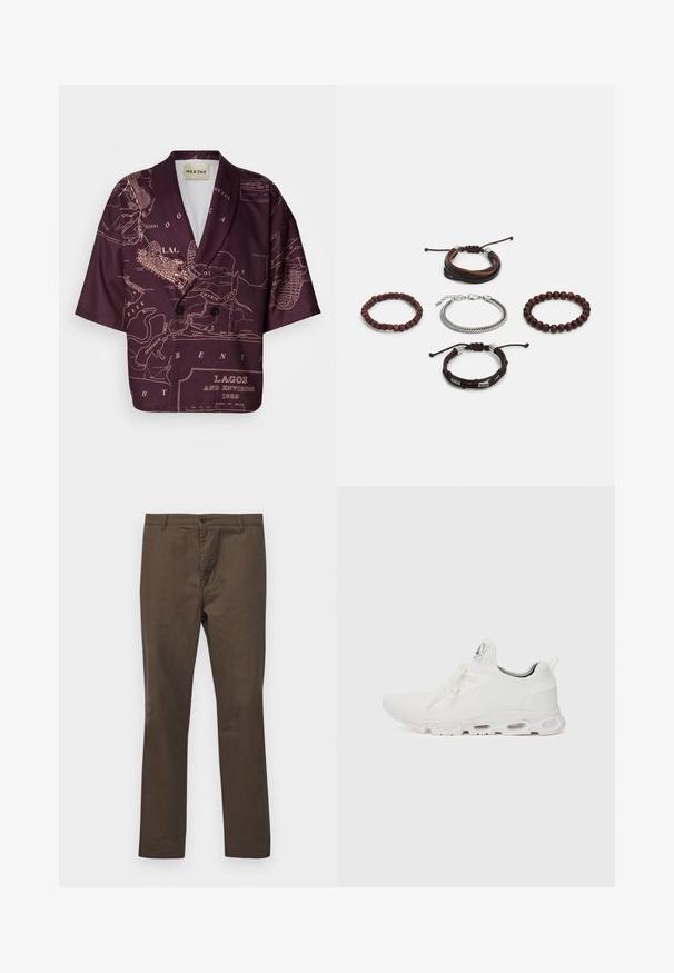 Kortermet blazer i dyp burgunder med et karttrykk av Lagos. Har en kraaget krage, dobbel knappelukking og glatt tekstur.; Brune bomullsbukser med rett ben-design, med knappelukking og beltehemper, glatt tekstur uten mønstre eller detaljer.; Hvite atletiske sko med et teksturert strikket overdel, flate snører og en polstret såle med synlige luftkamre for ekstra støtte.; Sett med fem armbånd som inkluderer brunt lær, treperler og en sølvkjede; ulike teksturer og former, med justerbare lukkinger.
