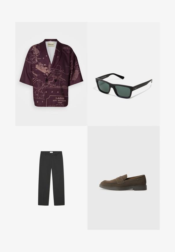 Rövid ujjú zakó sötét bordó színben, Lagos térkép mintával. Jellemzői a tépőzáras gallér, dupla gombos záródás és sima anyagtextúra.; Fekete, könnyű anyagból készült nadrág. Egyenes lábakezeléssel, sima elülső résszel, oldalsó zsebekkel és diszkrét derékrésszel rendelkezik.; Barna velúr loafer, lekerekített orral, egy csíkkal a lábfejen, és lapos gumitalppal. Egyszerű dizájn, letisztult vonalakkal és minimális részletezéssel.; Fekete téglalap alakú napszemüveg zöld lencsékkel, matt felülettel, egyenes szárakkal, és a Ray-Ban logóval az oldalon.
