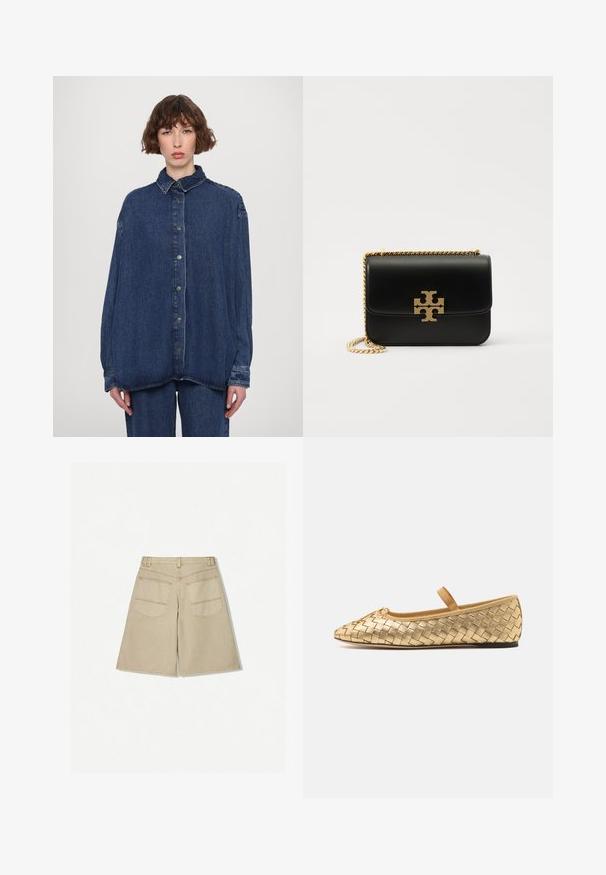Cămașă oversized din denim albastru, cu guler, nasturi în față și mâneci lungi. Prezintă o croială relaxată și o textură ușor decolorată.; Polo de culoare albastră deschis, cu mâneci scurte, cu o textură nervurată, guler plat și o închidere frontală cu șase butoane asortate.; Shorts bej cu o croială lejeră, realizate din denim. Prezintă două buzunare la spate și cusături de contrast de culoare portocalie. Manșeta se află sub genunchi.; Loeffler Randall LEONIE SOFT BALLET FLAT - Balerini cu barete - gold; Geantă de mână din piele neagră, cu curea din lanț auriu și accent de logo. Are o formă rectangulară și un capac tip fold-over. Textură netedă.