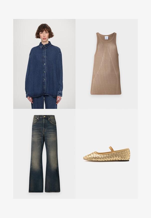 Sininen farkkuraidallinen ylisuuri paita, jossa on kaulus, etupainonapit ja pitkät hihat. Ominaisuutena rento istuvuus ja hienovaraisesti haalistunut pinta.; Beige, hihaton neulepaita, jossa on ribbi rakenne, A-linjainen muoto ja hienovaraiset vino ommel yksityiskohdat.; Tummansiniset farkkulevyhousut, joissa on haalistunut pesu, viisi taskua, nappikiinnitys ja kontrastiväriset tikkaukset.; Loeffler Randall LEONIE SOFT BALLET FLAT - Ballerinat nilkkaremmillä - gold