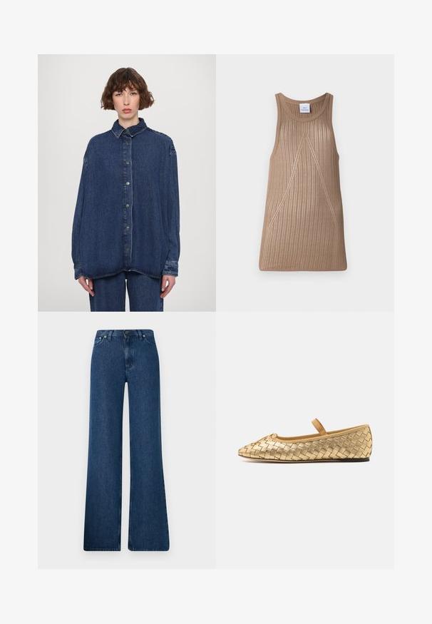 Camisa de denim azul oversize con cuello, botones en la parte frontal y mangas largas. Presenta un corte relajado y una textura sutilmente desgastada.; Top de punto sin mangas en color beige, con una textura acanalada, que presenta una forma de línea A y sutiles detalles de costura diagonal.; Vaqueros de mezclilla azul de pierna acampanada con cintura alta, diseño de cinco bolsillos y cierre de botón metálico. Textura suave, estilo casual y costuras mínimas.; Loeffler Randall LEONIE SOFT BALLET FLAT - Bailarinas con hebilla - gold
