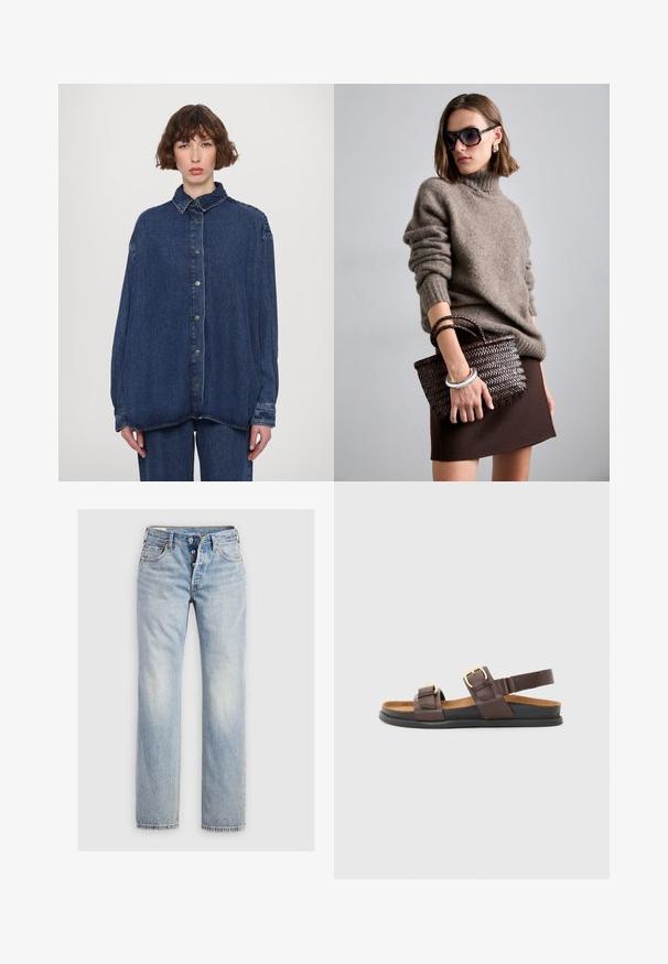 Blue denim oversized shirt with a collar, front buttons, and long sleeves. Features a relaxed fit and a subtly faded texture.; White cotton t-shirt with short sleeves, crew neckline, and a relaxed fit. Smooth texture and simple design, no patterns or accents.; Light blue denim jeans featuring a straight-leg design, five-button fly, and back pockets with subtle stitching detail.; Brown leather sandals featuring two adjustable straps with metallic buckles, a cushioned insole, and a flexible black rubber sole.; DRAGON DIFFUSION MINI FLAT GORA - Handbag - dark brown