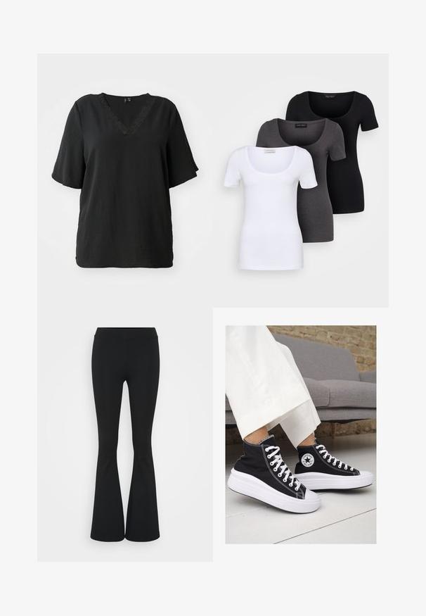 Svart V-hals T-skjorte med korte ermer, med teksturert stoff og dekorativ blondekant langs halsen. Avslappet passform.; Tre figurerte T-skjorter i hvit, grå og svart. Hver har en bred scoop-nakke og korte ermer. Laget av glatt, elastisk stoff.; Svarte flared bukser laget av elastisk stoff, med høy midje og en glatt tekstur. Buksene vidder ut fra kneet.; Sorte lerrets høy-top sneakers med hvite gummisulinger og snørebånd. Har et rundt logo på siden og kontrasterende hvite sting.