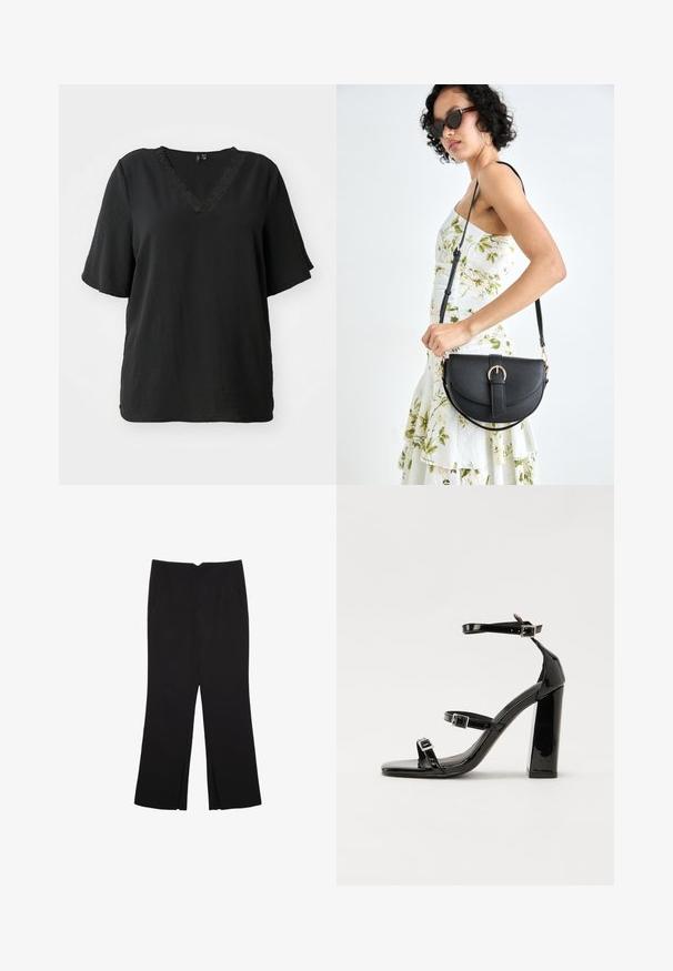 Černé tričko s výstřihem do V a krátkými rukávy, vyrobené z texturovaného materiálu s dekorační krajkovou aplikací podél výstřihu. Uvolněný střih.; Černé kalhoty s rovným střihem, s předními kapsami a bočními rozparky na lemu. Vyrobené z jemné, hladké tkaniny. Vhodné na různé příležitosti.; Černé lakované sandály na podpatku se čtveratou špičkou, lýtkovými pásky a stříbrnými přezkami. Disponují masivním blokovým podpatkem pro stabilitu.; Černá kožená kabelka s křivkovým tvarem, odnímatelným popruhem a zlatými detaily. Kabelka má klopu s přezkou.