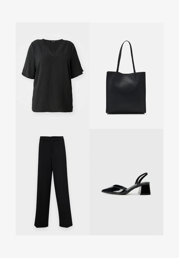 Black V-neck T-shirt with short sleeves, featuring a textured fabric and decorative lace trim along the neckline. Relaxed fit.; Black wide-leg trousers made of smooth fabric, featuring a classic waistband with a button closure and front pleats.; Black patent leather slingback heels with a pointed toe and a geometric block heel. Features a sleek, minimal design and smooth texture.; Black leather tote bag with smooth texture, rectangular shape, and two long handles. No visible hardware or embellishments.