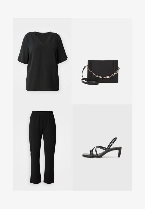 T-shirt noir à col en V avec des manches courtes, présentant un tissu texturé et une bordure en dentelle décorative le long de l'encolure. Coupe décontractée.; ONLY Carmakoma CARLAMA STRAIGHT - Pantalon classique - black; Sandale noire à lanières avec un bout carré et un petit talon bloc. Elle présente plusieurs fines lanières et une sangle de cheville ajustable. Fabriquée en cuir lisse.; Sac bandoulière en cuir noir avec une texture lisse, de forme rectangulaire et un détail en chaîne métallique à l'avant. Sangle réglable incluse.