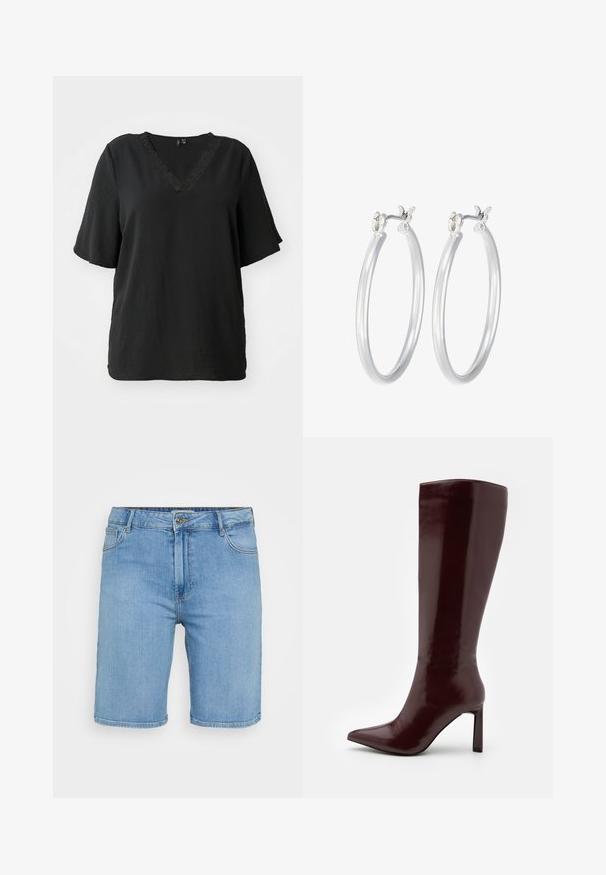 Black V-neck T-shirt with short sleeves, featuring a textured fabric and decorative lace trim along the neckline. Relaxed fit.; Light blue denim shorts with a classic cut, featuring a front button closure, belt loops, and two side pockets. Smooth texture and straight hem.; Even&Odd Boots - dark red; Silver hoop earrings with a smooth, polished finish. Round shape and secure click-top closure. Lightweight design suitable for everyday wear.