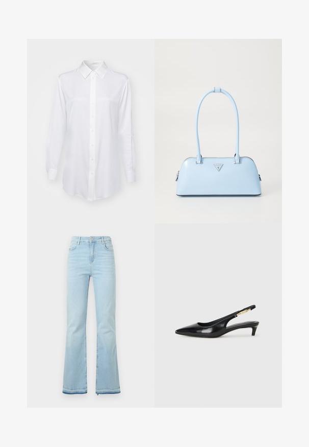 BOSS Cămașă - open white; Jeanși evazați de culoare bleu deschis, fabricați din denim, cu talie înaltă, buzunare frontale și margini brutale la mansete pentru un look casual.; Sandale slingback din piele neagră cu vârf ascuțit, având un toc subțire și un accent de culoare aurie pe curea ajustabilă. Textură netedă.; Geantă de mână bleu deschis, cu o formă structurată, din piele netedă, două mânere și un logo de brand triunghiular pe față. Închidere cu fermoar.