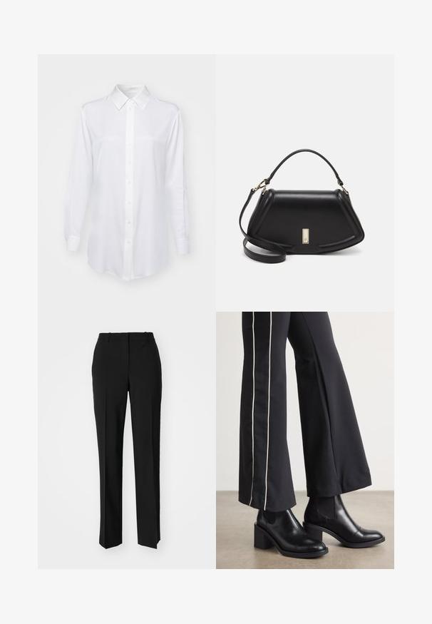 BOSS Πουκαμίσα με κουμπιά - open white; Μαύρο παντελόνι με ραφή που έχει σχεδιασμό ίσιας γραμμής, διαθέτει λεία υφή και καθαρές πτυχώσεις κατά μήκος της μπροστινής πλευράς. Χωρίς ορατό μεταλλικό υλικό.; Μαύρες δερμάτινες μπότες μέχρι τον ασρό με τετράγωνη φτέρνα, που διαθέτουν ελαστικές πλάγιες ρίγες. Συνδυασμένες με μαύρο παντελόνι που έχει λευκή πλαϊνή ρίγα.; Μαύρη δερμάτινη τσάντα με δομημένο σχέδιο, που διαθέτει κομμένο σχήμα, επάνω λαβή και χρυσά μεταλλικά στοιχεία. Περιλαμβάνει ρυθμιζόμενο λουρί ώμου.