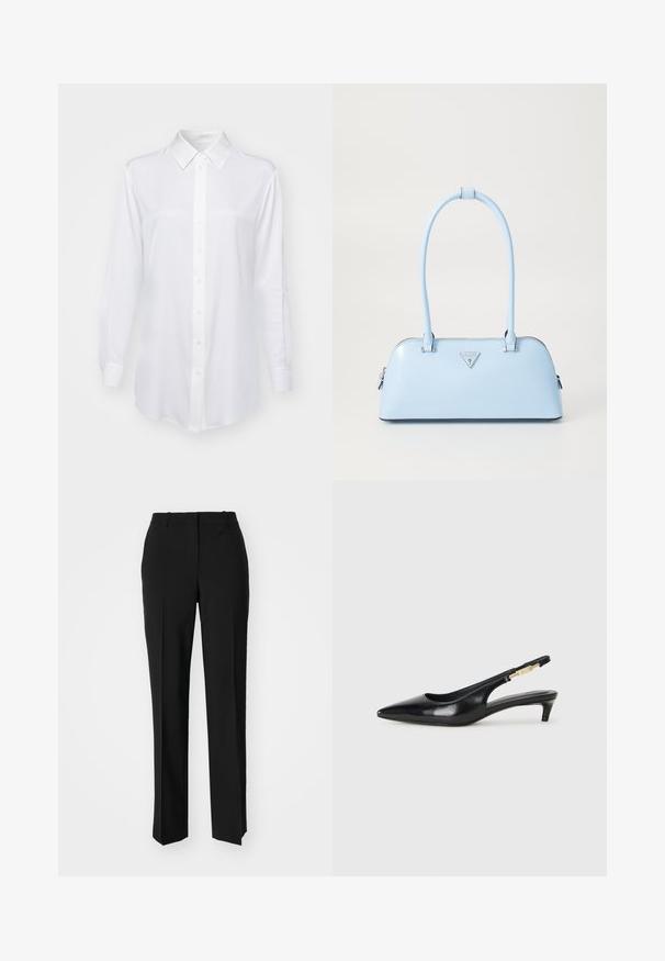 BOSS Camicia - open white; Pantaloni neri su misura con un design a gamba dritta, caratterizzati da una texture liscia e pieghe ben definite sul davanti. Senza hardware visibile.; Tacchi slingback in pelle nera con punta affusolata, caratterizzati da un tacco alto e un accento dorato sulla cinghia regolabile. Texture liscia.; Borsa a mano azzurro chiaro con forma strutturata, materiale in pelle liscia, due manici e logo triangolare sul davanti. Chiusura con zip.