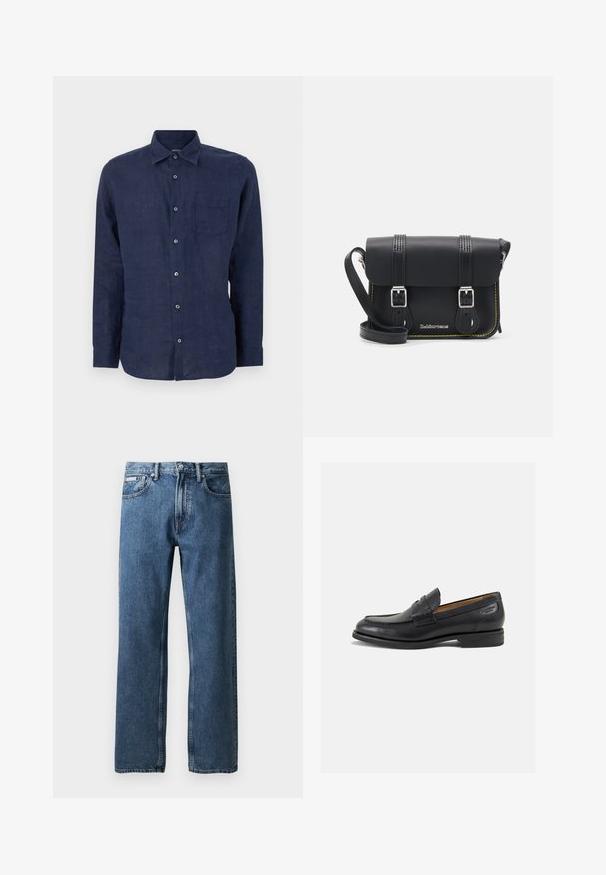 Camisa de manga larga de color azul marino, hecha de lino, con un cierre frontal de botones, cuello y un bolsillo en el pecho para un detalle adicional.; Vaqueros de mezclilla azul de pierna recta con cintura alta, cierre de botón y cremallera, bolsillos frontales y una pequeña etiqueta blanca de la marca en el bolsillo derecho.; Mocasines de cuero negro con un acabado suave, punta redondeada y costuras decorativas en la parte superior. Tacón bajo apilado y un ligero brillo.; Bolso cruzado de cuero negro con tapa, dos hebillas plateadas, costura amarilla y correa ajustable. Presenta una textura suave y un diseño compacto.