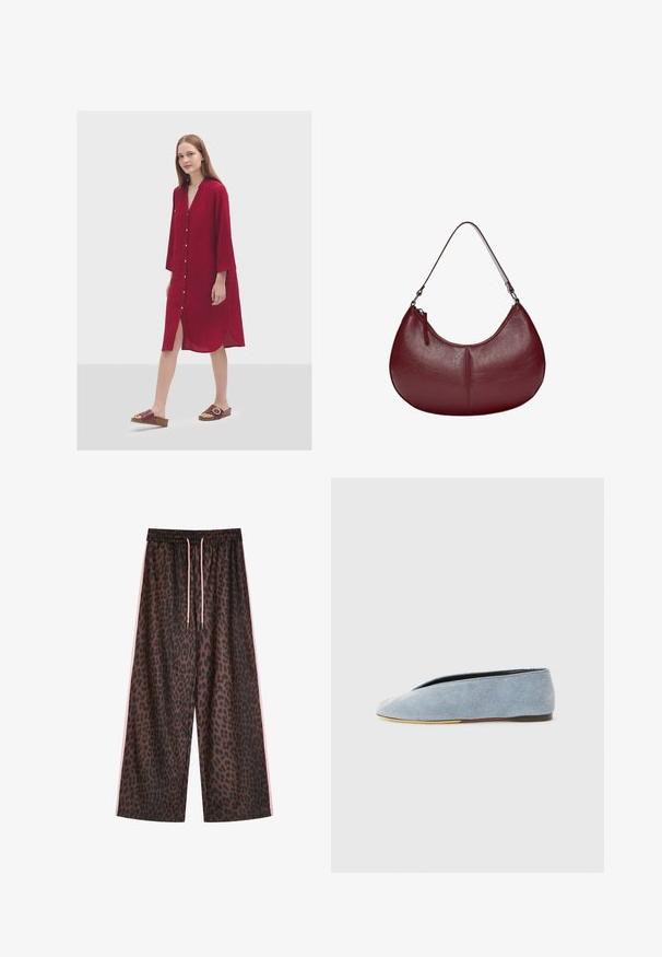 Rotes Knopfkleid mit V-Ausschnitt, Dreiviertelärmeln, strukturierter Stoff, seitlichen Schlitzen und einer Vorderseite-Tasche. Getragen mit braunen Slipper-Sandalen.; Helles, blaues, ärmelloses Ripp-Top mit rundem Ausschnitt und kleinem Logo, das mittig aufgestickt ist. Glatte Textur, figurbetonter Schnitt.; Leopardenmuster weite Hose in Braun und Schwarz, mit einem elastischen Taillenbund und rosa Kordelzügen sowie seitlichen rosa Streifen. Glatte Stofftextur.; Denim Slipper in Hellblau mit glatter Textur, mandelförmiger Spitze und flacher schwarzer Sohle. Minimales Design mit niedrigem Profil.; Weinrote Lederhandtasche mit einer geschwungenen Form. Verfügt über einen einzelnen Schulterriemen und einen oberen Reißverschluss, der eine glatte, strukturierte Oberfläche präsentiert.