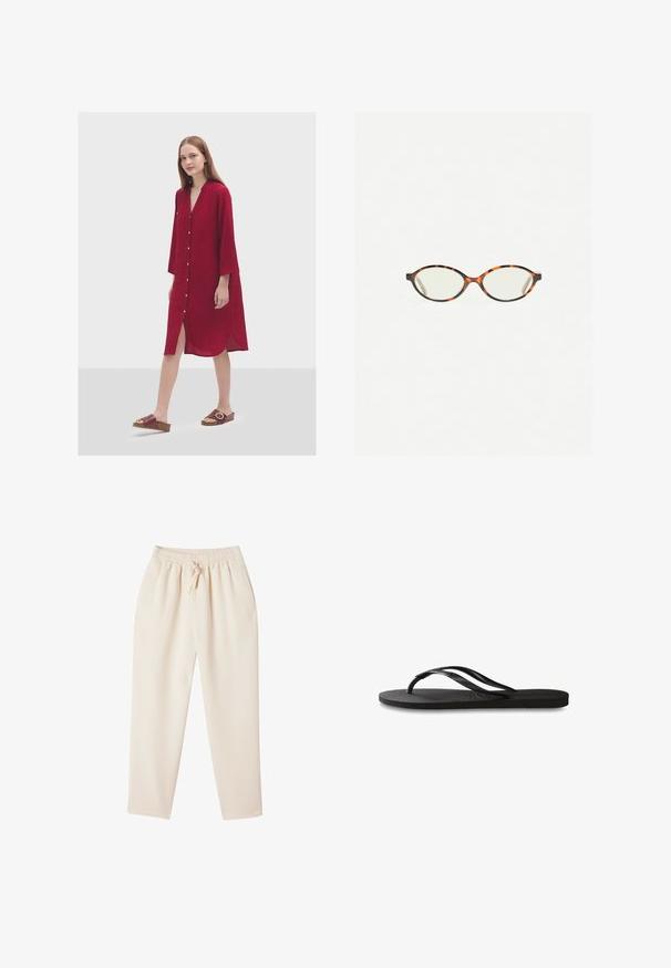 Červené šaty na knoflíky s V-výstřihem, tříčtvrtečními rukávy, texturovanou tkaninou, bočními rozparky a přední kapsou. Nosené s hnědými skluznými sandály.; Béžové pohodlné kalhoty s volným střihem, elastickým pasem, šňůrkou a bočními kapsami. Vyrobeny z měkké, texturované látky.; Černé žabky s texturovanou gumovou podrážkou, dvěma štíhlými popruhy a jemným, embosovaným logem na popruhu.; Želvovinové brýle s oválnými čočkami a hladkým, jemným povrchem. Má tenké bočnice s jemným zakřivením v chrámcích. Čiré čočky.; Bílý hedvábný šátek se opakujícím se černým geometrickým vzorem, lemovaný pevným černým okrajem. Lehký s hladkým povrchem.