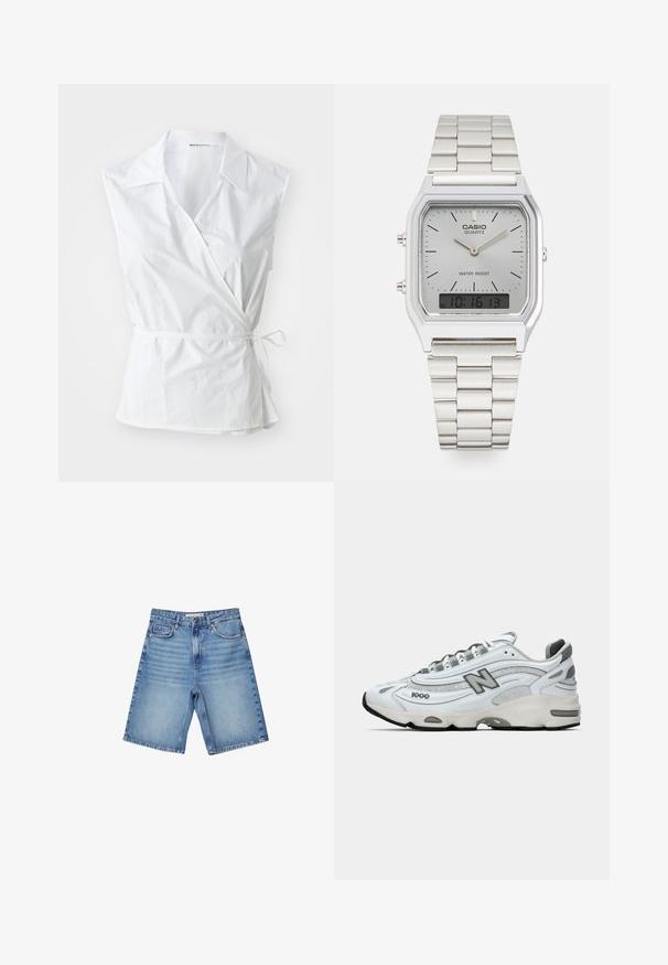 Hvid ærmeløs snipe-top lavet af bomuld. Den har en spids krave, sidebindedetalje og en let løstsiddende pasform, der samler sig ved taljen.; Denimshorts i lyseblå med et klassisk femlomme-design, lynlåsåbning og subtil lysning. Ret snit med optrænet kant.; Hvid atletisk sneakers med grå accenter, mesh og syntetiske materialer, bølgedesign, polstret krave og gummisål med sort slidbane.; Sølv Casio quartz ur med rektangulært ur, analog og digital visning, rustfrit stålarmbånd og vandafvisende egenskaber.