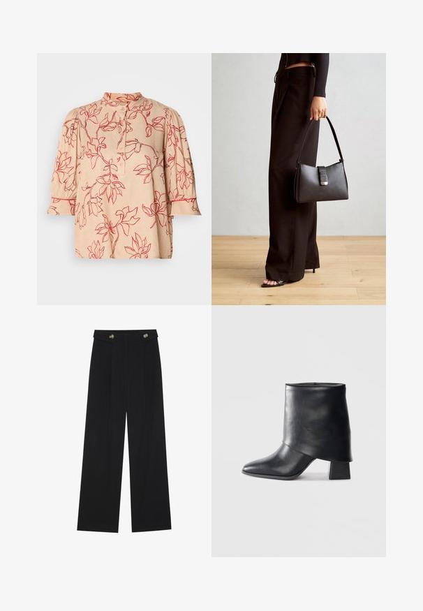 Beige bluse med rødt blomster mønster, falsk krage, knappestolpe og trekvart puffermer. Glatt stoff med en subtil tekstur.; Svart vide bukser med høy midje, knappdetaljer på midjebåndet og frontplisser.; Sorte lær ankle boot med spiss tå, glatt tekstur og en strukturert blokkhæl. Har et høyt, brettet mansjett-design.; Svart håndveske med strukturert form, jevn tekstur og metallisk lås. Kombinert med brede svarte bukser og sandaler med åpen tå på tregulv.