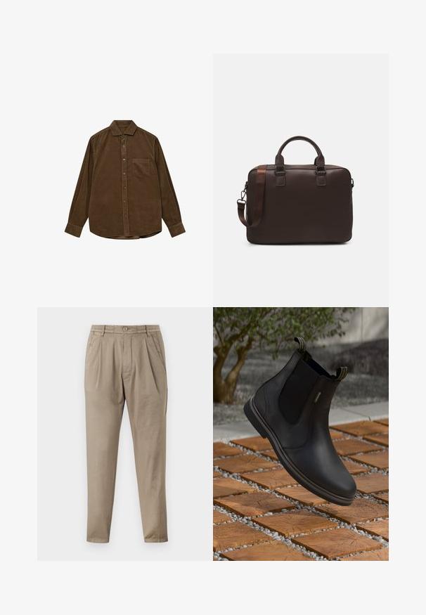 Bruine ribfluwelen shirt met lange mouwen, een button-down kraag, een borstzak en een gestructureerd, geribbeld oppervlak. Voorzien van zilverkleurige knopen.; Beige broek van zachte stof, met een relaxed fit, geplooide voorkant, elastische tailleband en taps toelopende benen.; Zwarte leren Chelsea boot met elastische zijpanelen en aantrekbandjes, zwevend boven houten kubus tegels en grind in de buitenlucht.; Bruine leren laptoptas met een gevarieerde textuur, dubbele handvaten aan de bovenkant, verstelbare schouderriem en twee voorste gespen voor extra detail.