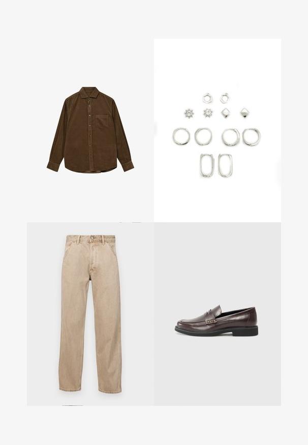 Pruunist puuvillast kordurooheest, pikkade varrukatega, nööpidega krae, eesmine tasku ja tekstuuriga ribiline pind. Kaunistuseks hõbedase tooni nööbid.; Bežidemini teksased sirgjoonise kujundusega, front pocket'itega, metallist nööbi kinnitusega ja peene tekstuuriga.; PRUUNID NAASTE NAHK LOFAERID sileda pinnaga, millel on peene õmblustunne ülemise serva juures ja must kummitald.; Hõbedaste kõrvarõngaste komplekt, mis sisaldab erinevaid kujundeid: rõngad, kuusnurgad, teemandid ja päikesemustrid, millest osad on kaunistatud selgete kristallidega, sileda tekstuuriga.