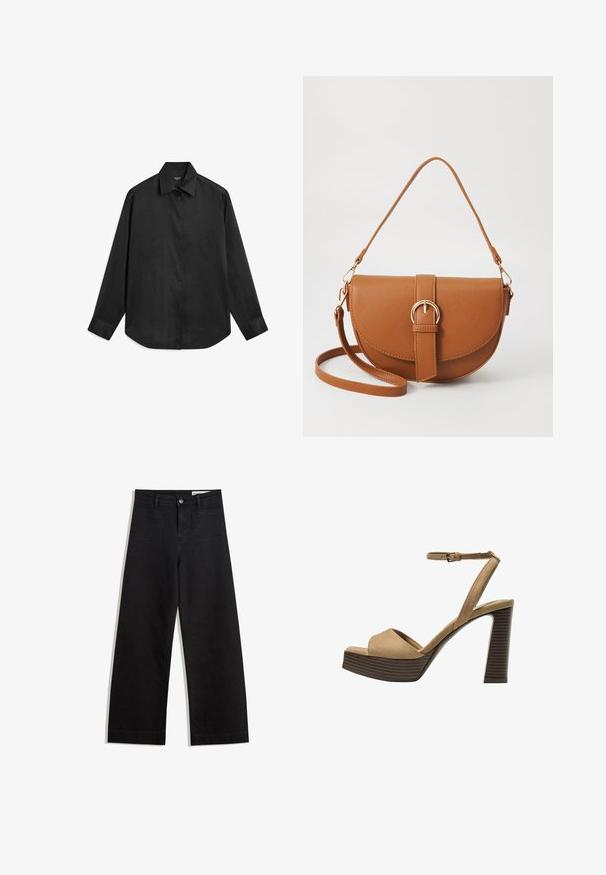 Black long-sleeve shirt made of a smooth, lightweight fabric. Features a pointed collar, button placket, and rounded hem.; Black wide-leg denim pants with a high waist, featuring front and back pockets, stitched seams, and a button closure. Smooth texture.; Beige suede high-heeled sandals with a wide front strap and ankle strap, featuring a chunky wooden block heel with a textured finish.; Brown leather crossbody bag with a curved shape, gold hardware, and a buckle accent. Features a detachable shoulder strap.