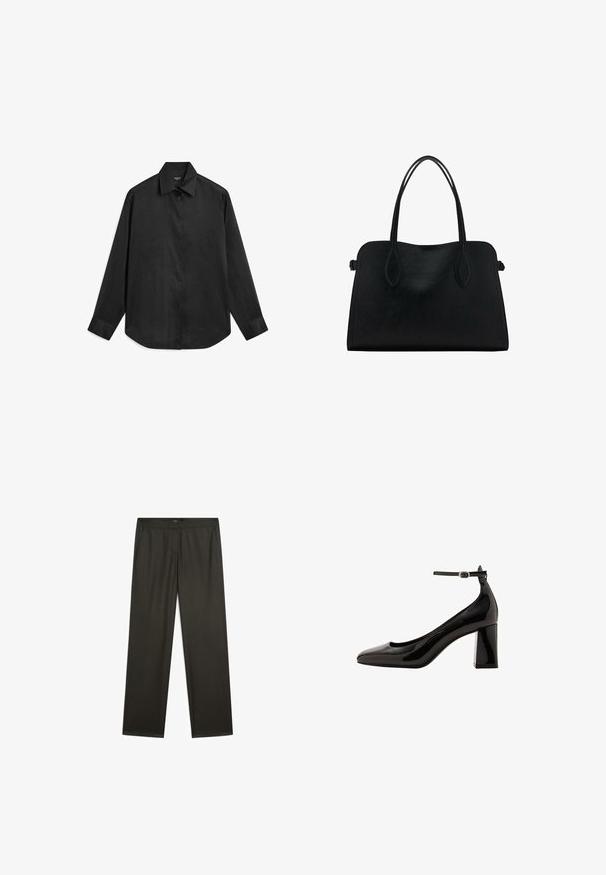 Black long-sleeve shirt made of a smooth, lightweight fabric. Features a pointed collar, button placket, and rounded hem.; Dark green, wide-legged trousers with a smooth texture, elastic waistband, and side pockets. Simple design with no visible patterns or hardware.; Black patent leather ankle strap pump with a glossy finish, pointed toe, and a thick block heel. Smooth texture, minimal detailing.; Black leather handbag with dual shoulder straps, rectangular shape, and minimalistic design on a white background.